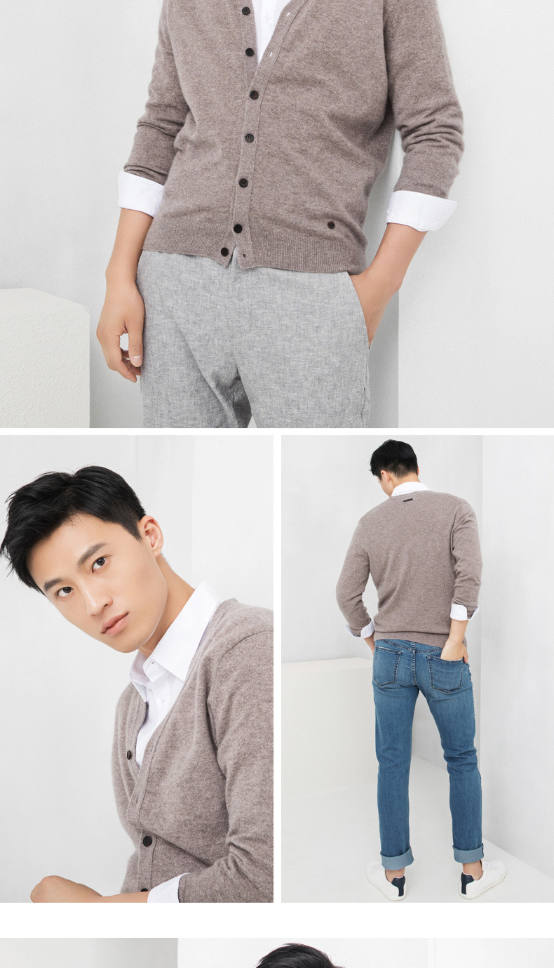Ordos 18 mùa thu và mùa đông mới màu rắn nền hoang dã V-cổ nam dệt kim cashmere bộ nỉ nam