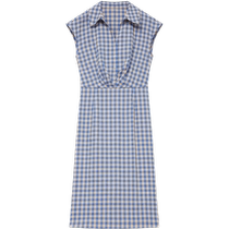 ERDOS French retro dress womens 24 summer new arrival lapel blue plaid waist pleated straight midi skirt