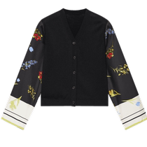 (Silk) ERDOS V-neck thin patchwork knitted cardigan spring and summer womens black plant print long-sleeved top