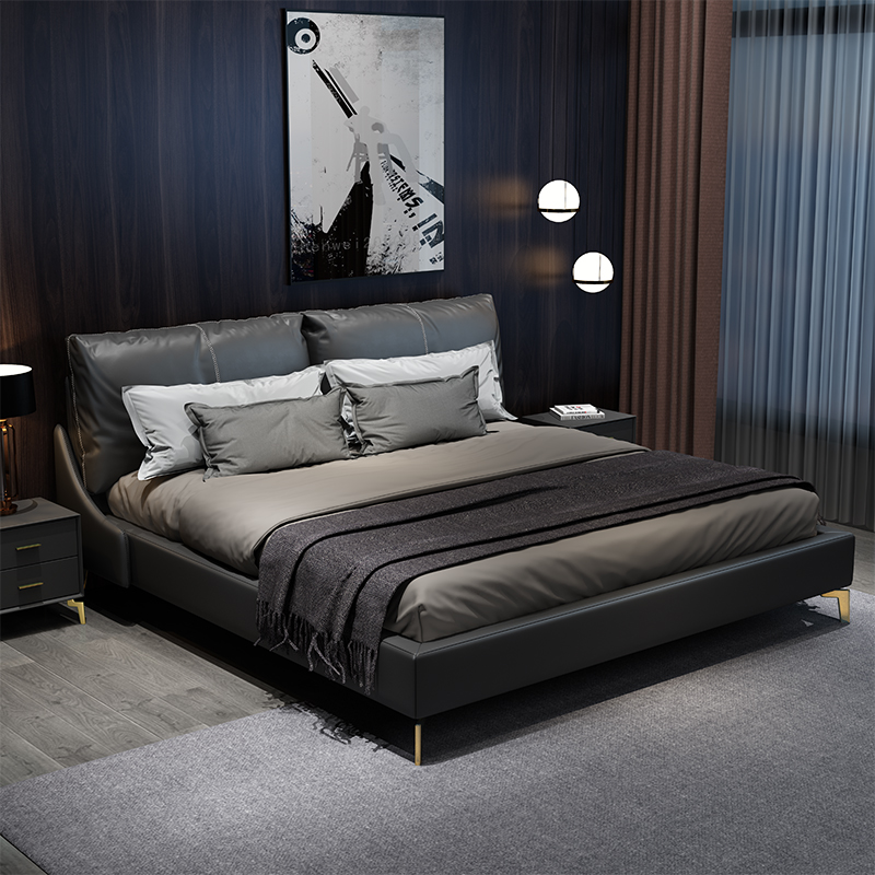 Nordic Genuine Leather Bed Willpower Light Extravagant Modern Net Red Bed Master Bedroom With double leather headbed Bull Leather Soft-covered Wedding Bed