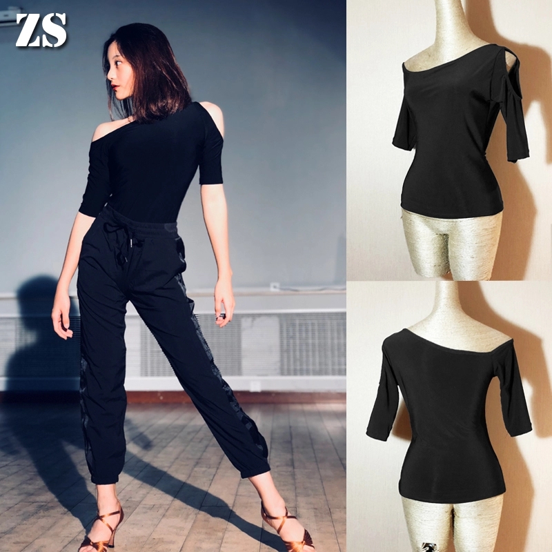 Latin dance suit female adult simple blouse adult female dew shoulder sexy middle sleeve body Moden dance blouse Y61