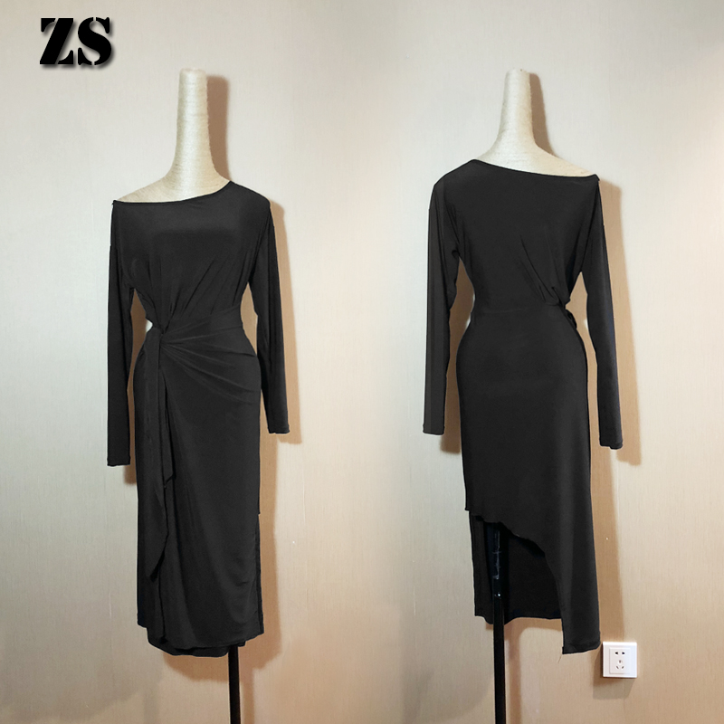 Latin dance Ocean Dress Slanted Collar Long Sleeves Cashew Woman Sashimi Slim medium long version of art kungfu dance suit L152