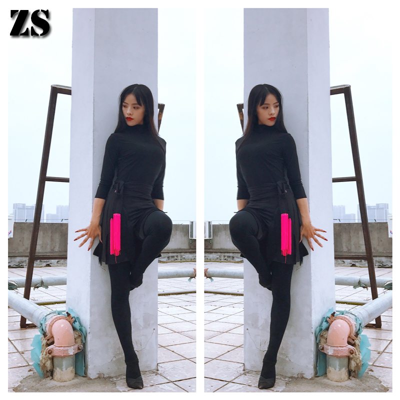 Latin Dance Morden Dance Dress Black Dance Practice Service Sexy Little High Collars Back 7 Sleeves Blouses Y83