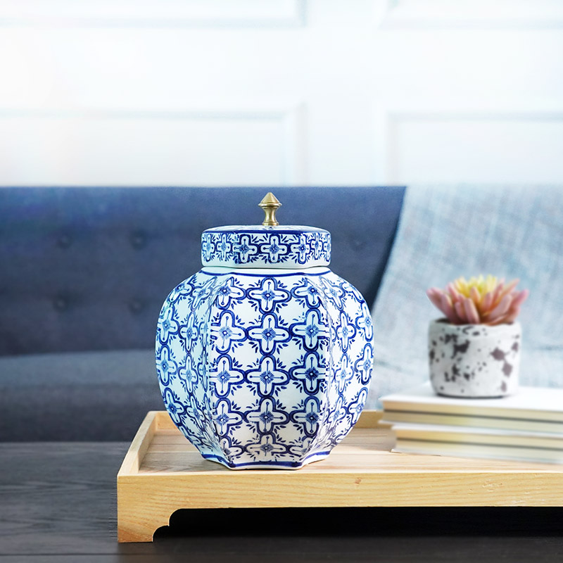 Chinese neo-classical blue and white ceramics large capacity storage jar storage jar antique tea jar home decoration ornaments