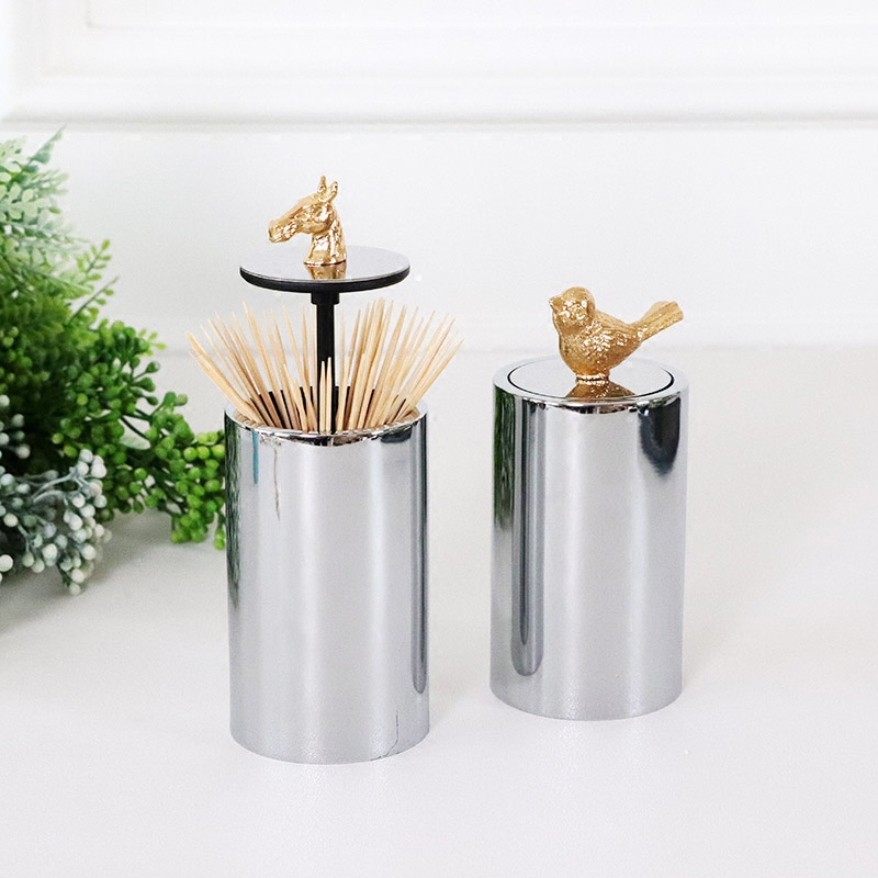 Nordic Minimalist Fashion Small Bird Horse Head Cover Silver Toothpick Cylinder Press-Pressure Toothpick Box Home Creative Table Pendulum