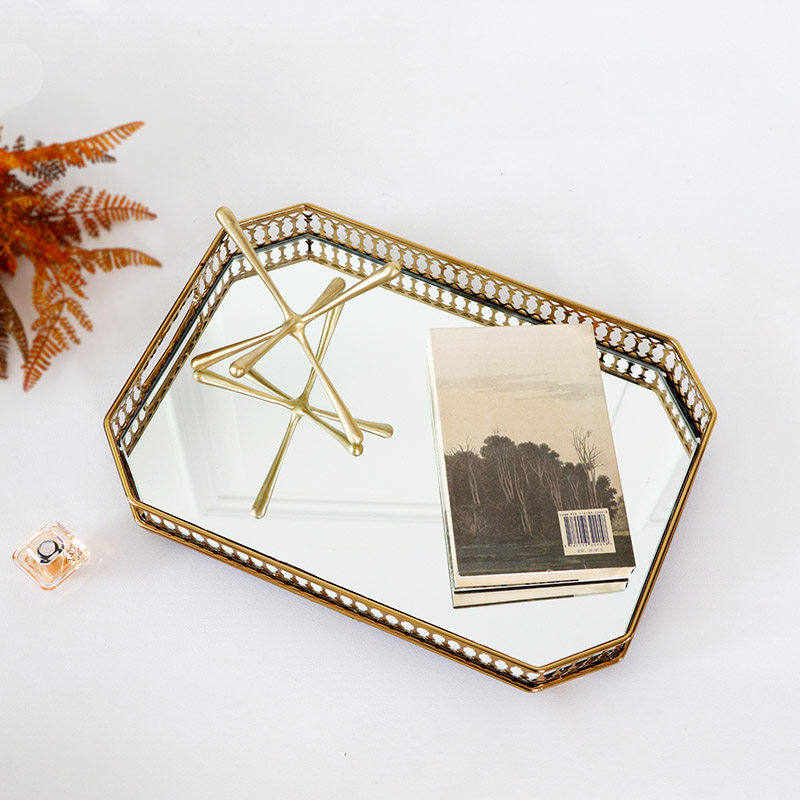 Nordic metal hollow frame round long mirror tray Jewelry storage tray Living room coffee table decorative decoration