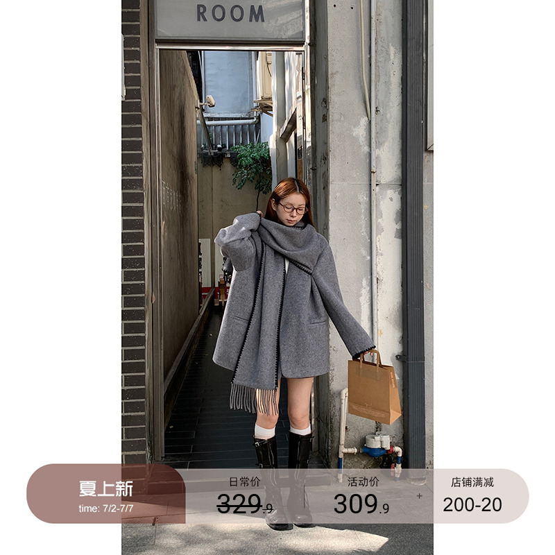 レッドホールウールコートレディース秋冬ハイエンドグレーウール2024新作ケープヘップバーン風ウールコート