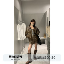 Red Man Pavilion Maillard leather coat jacket woman 2024 new exploits harbor Wind design Vintage Locomotive Coffee Color Clip