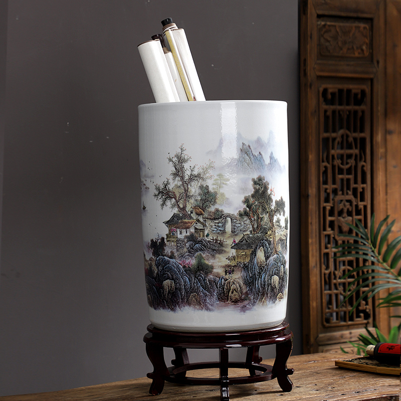 Jingdezhen Ceramic Calligraphy and Painting Tube Calligraphy and Painting Scroll Storage Tank Bucket Study Living Room Decoration Vase Porcelain Ornaments Painting Tank