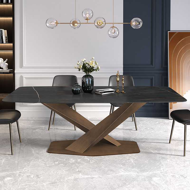 Nordic dining table and chair combination light luxury small family living room bronze rectangular leisure creative rock plate dining table