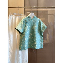 (Present) Magpie Bridge Immortal) Elegant 100 Silk Song Brocade New Chinese Style Green White Short Sleeve Shirt D2485