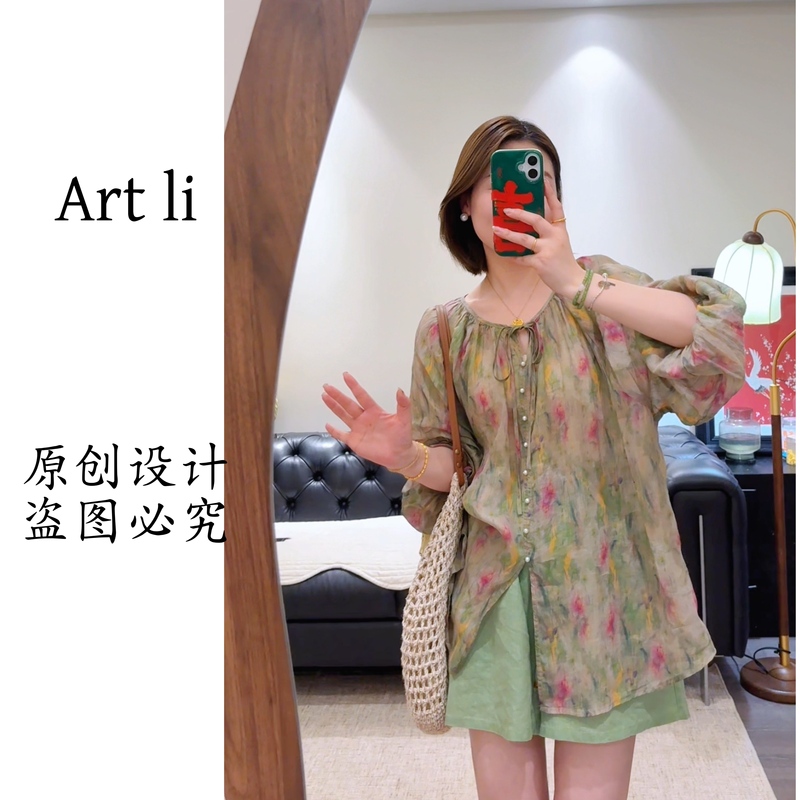 Art Li Original New Chinoiserie Ramie Shirt for Women, Summer Loose Fit, Slimming, Covering the Body, Vintage Top 003