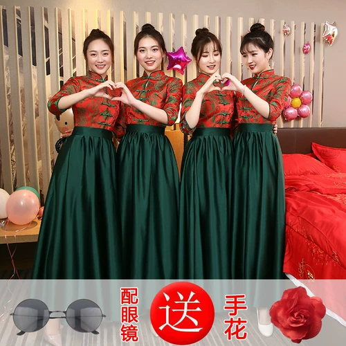 Длинное весеннее платье подружки невесты, летнее ретро вечернее платье, ципао, китайский стиль, средняя посадка