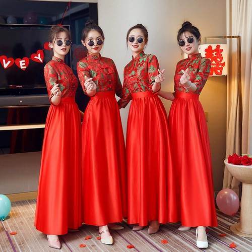 Длинное весеннее платье подружки невесты, летнее ретро вечернее платье, ципао, китайский стиль, средняя посадка