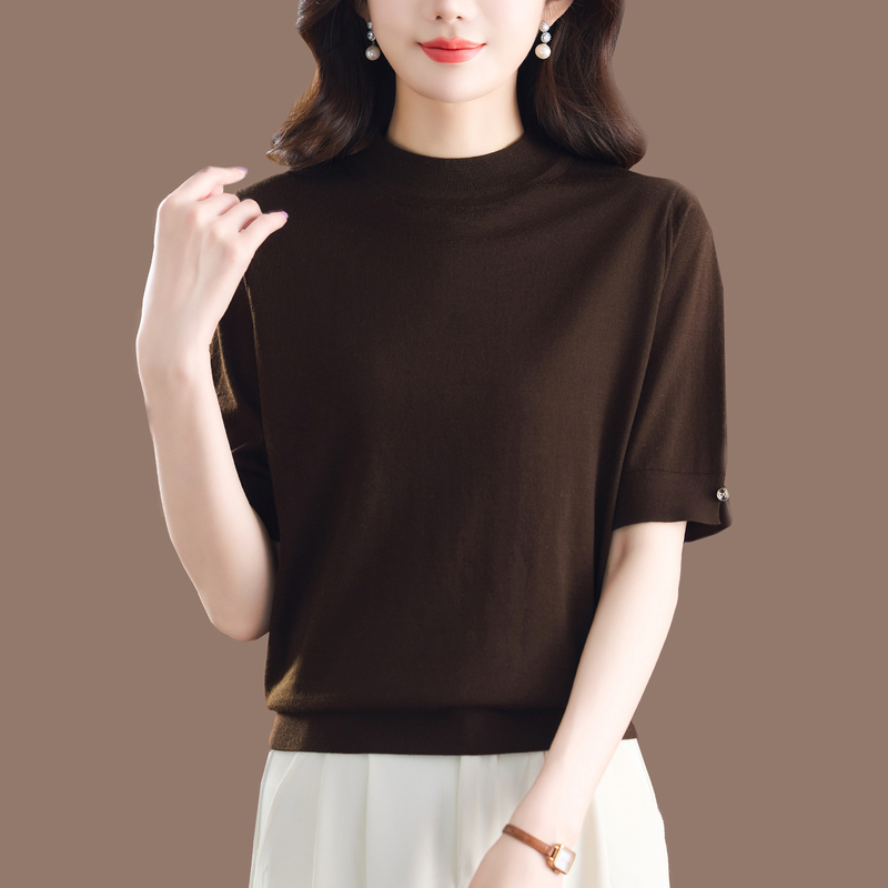 Hengyuanxiang Ultra-Fine Mercerized Worsted 100% Pure Wool Base Shirt T-Shirt for Women, Early Autumn Top, Loose Knit Sweater, Thin Hengyuanxiang Ultra-Fine Mercerized Worsted 100% Pure Wool Base Shirt T-Shirt for Women, Early Autumn Top, Loose Knit Sweater, Thin