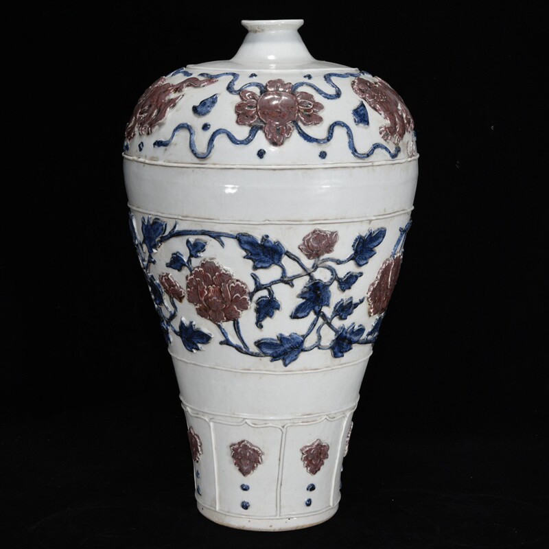 中国古美術 元代 青花釉里紅 龍紋 捏花如意紋 蓋付梅瓶 陶器花瓶 古陶磁 文房 中国古美術 元代 青花釉里紅 龍紋 捏花如意紋 蓋