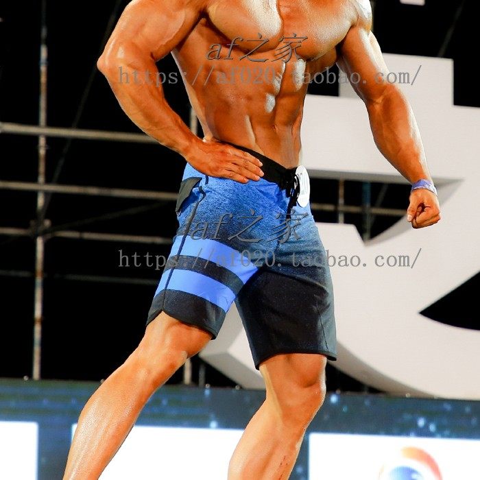 Men's fitness competition beach pants blue Qi kneecap 50% Pants Loose 50% Pants Summer Surf Pants Speed Dry Shorts