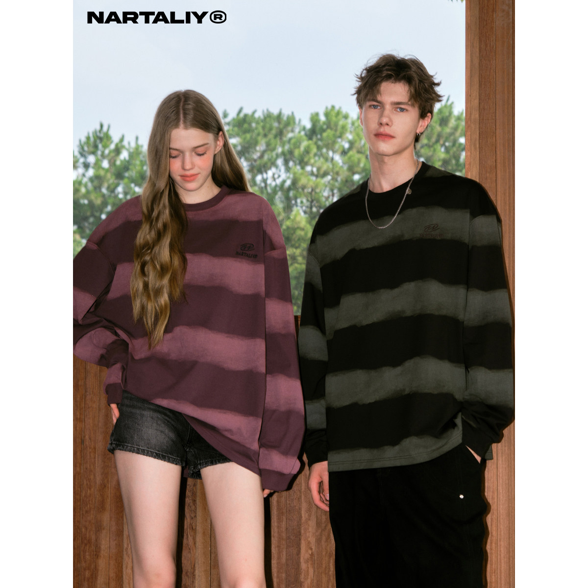 Полосатая футболка с длинными рукавами NARTALIY tie-dye для мужчин и женщин, весенне-осенних пар, рубашка с вышивкой в стиле американского ретро, топ tide top Изображение 1