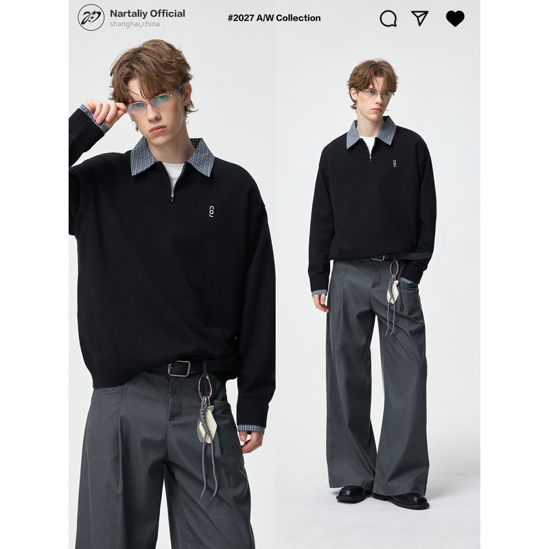 Nartaliy Starburst Code High-Sense Faux Two-Piece Collar Modal Pullover Sweater for Men, Autumn and Winter Lazy Knitwear Nartaliy Starburst Code High-Sense Faux Two-Piece Collar Modal Pullover Sweater for Men, Autumn and Winter Lazy Knitwear