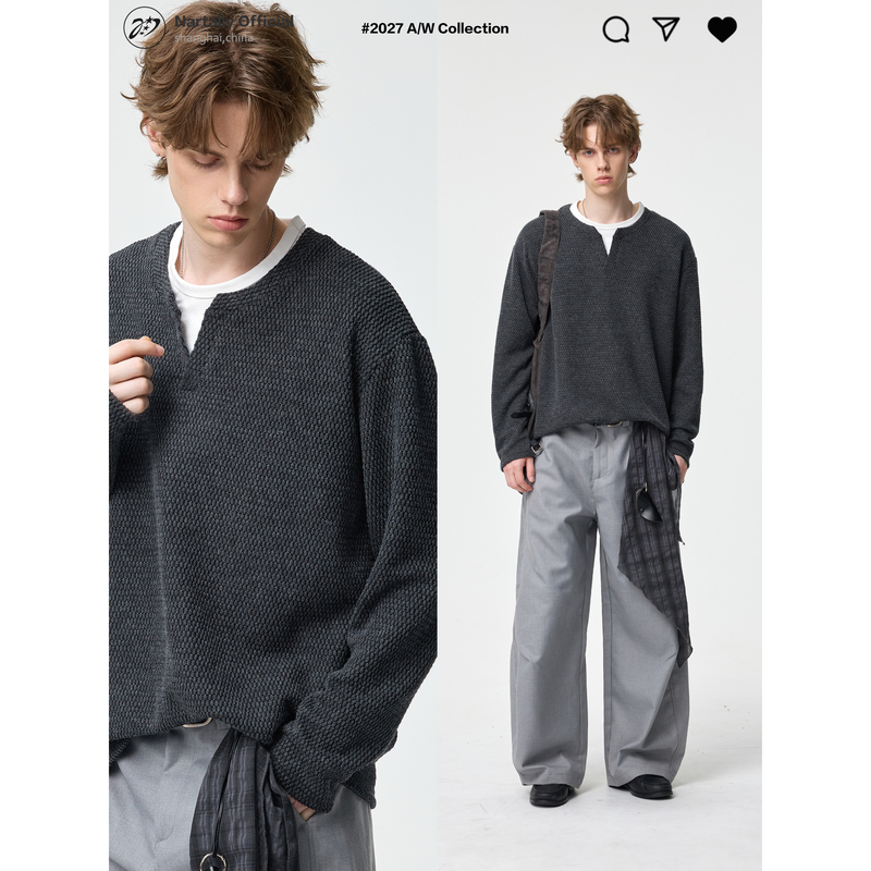 Nartaliy Starburst Code Retro Old Money Fake Two-Piece Textured Henry Collar Long Sleeve T-Shirt for Men, Spring and Autumn Base Shirt Nartaliy Starburst Code Retro Old Money Fake Two-Piece Textured Henry Collar Long Sleeve T-Shirt for Men, Spring and Autumn Base Shirt