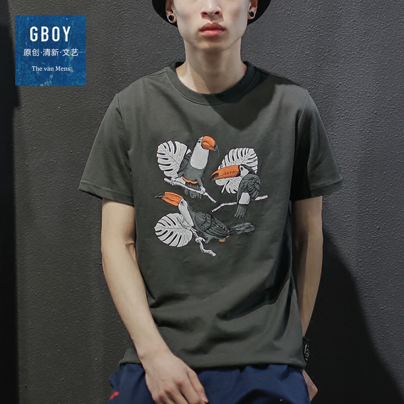 GBOY夏季潮流欧美街头短袖T恤男青年圆领鹦鹉印花棉体恤打底短tee