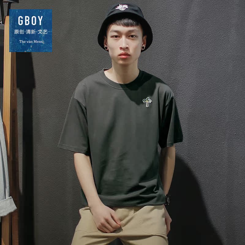 GBOY夏季小清新椰树短袖T恤男日系圆领宽松水洗短tee青年打底体恤