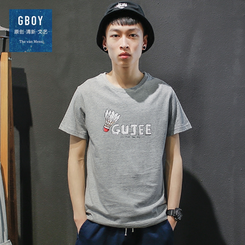 GBOY夏季潮流短袖T恤男青年圆领字母印花上衣学生日系休闲棉体恤