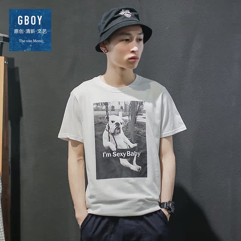GBOY夏季欧美街头斗牛犬印花短袖T恤男青年纯色休闲中袖体恤短tee