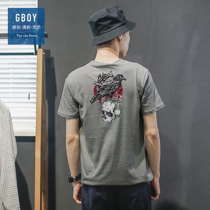 GBOY夏季潮流暗黑骷髅印花短袖T恤男欧美街头透气中袖体恤青年短t