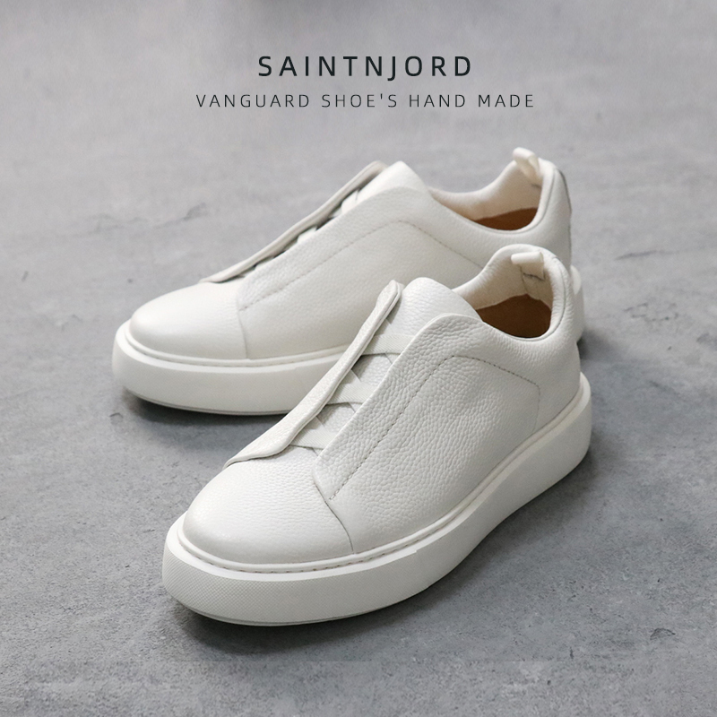You100 Slip-On Casual Men's Genuine Leather Elastic Slip-On Dad Sneakers with Height-Increasing Thick Soles, German Training Style, White Shoes