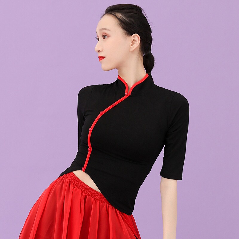 Modern dance clothes Chinese style button national classical dance clothes high-end red and black two-color skirt with back opening ancient body rhythm elastic