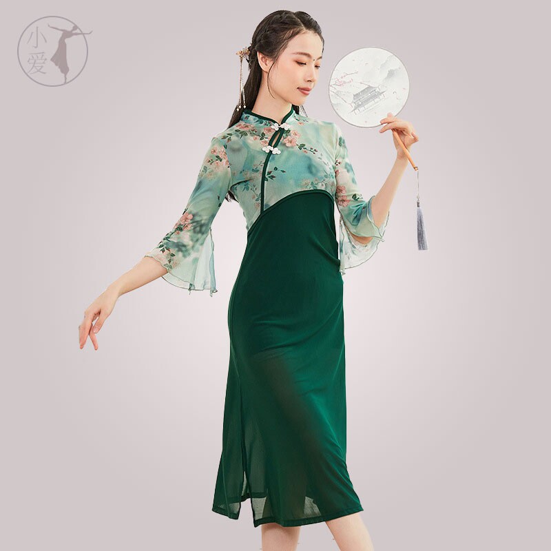 Classical dance clothes women's elegant cheongsam two-piece dress elastic mesh gauze body rhyme gauze Chinese style training clothes