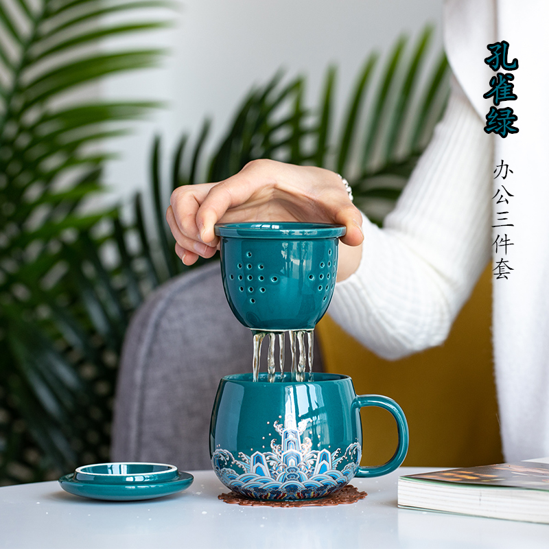 Peacock green markcup custom with lid filter tea cup home ceramic office water cup tea cup gift customisation