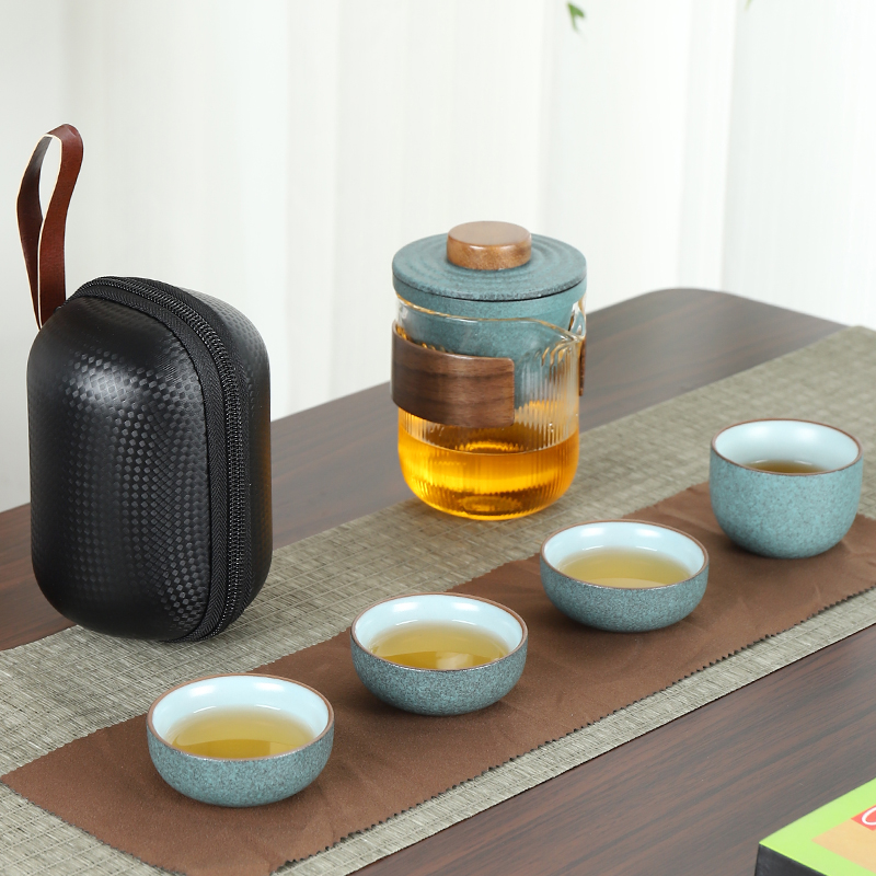 Green Stone Glazed Glass Express Guest Cup One Pot two-four-cup ceramic travel portable Gongfu tea furniture set outdoor vehicle