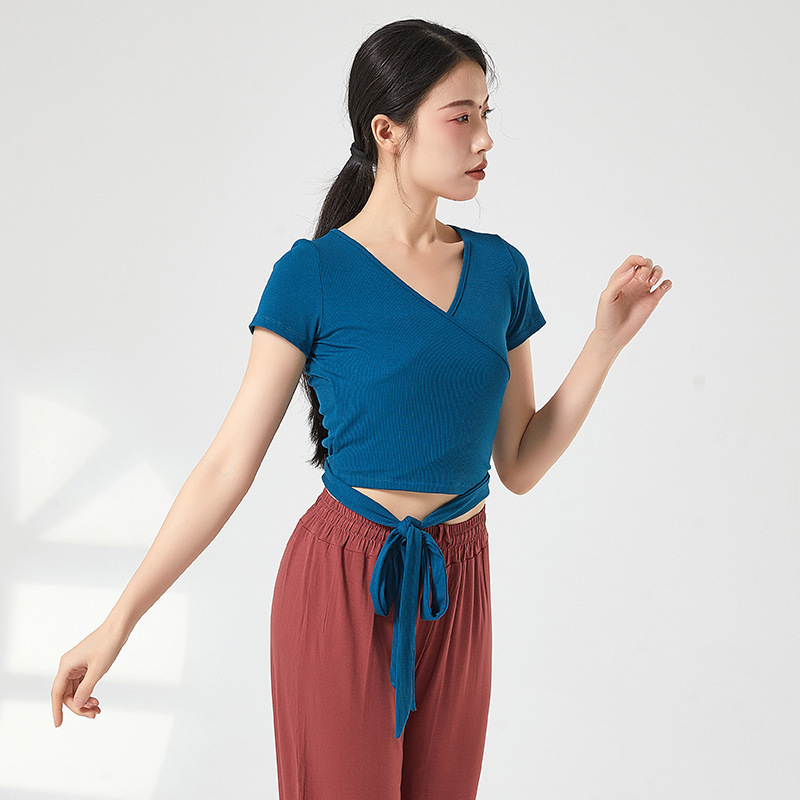 Clearance Sale: Chinese Ethnic Modern Dance Training Clothing, Short-Sleeved, Extended Straps, Cross V-Neck Top