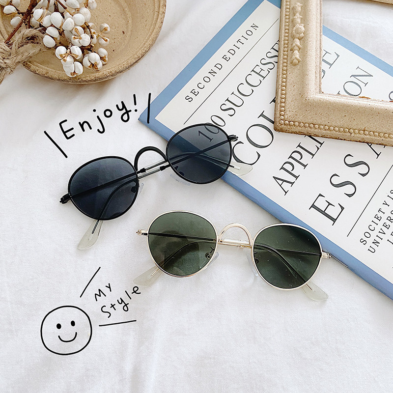 ins kids cute handsome round frame sunglasses male and female baby gold wire black frame vintage sunglasses concave modeling tide