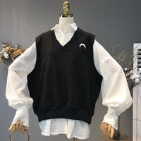 2018 Harajuku lập dị tối màu bf linh hoạt áo sơ mi dài tay lỏng lẻo + áo vest không tay thêu vest phù hợp đồ bộ thể thao