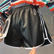 Quần short da ống rộng nữ 2018 mùa thu mới phiên bản Hàn Quốc của quần thun lưng chun xẻ cao Quần da cao eo mặc mỏng