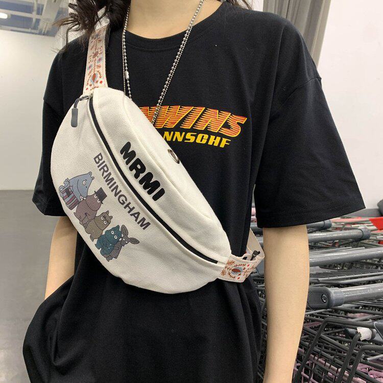 New chest bag women's fashion casual diagonal backpack Korean version of large-capacity shoulder bag printed cute student canvas backpack