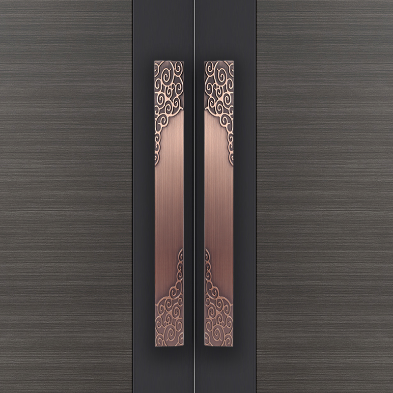 New Chinese-style glass door handle box solid wood door handle antique copper solid carving bright large handle modern