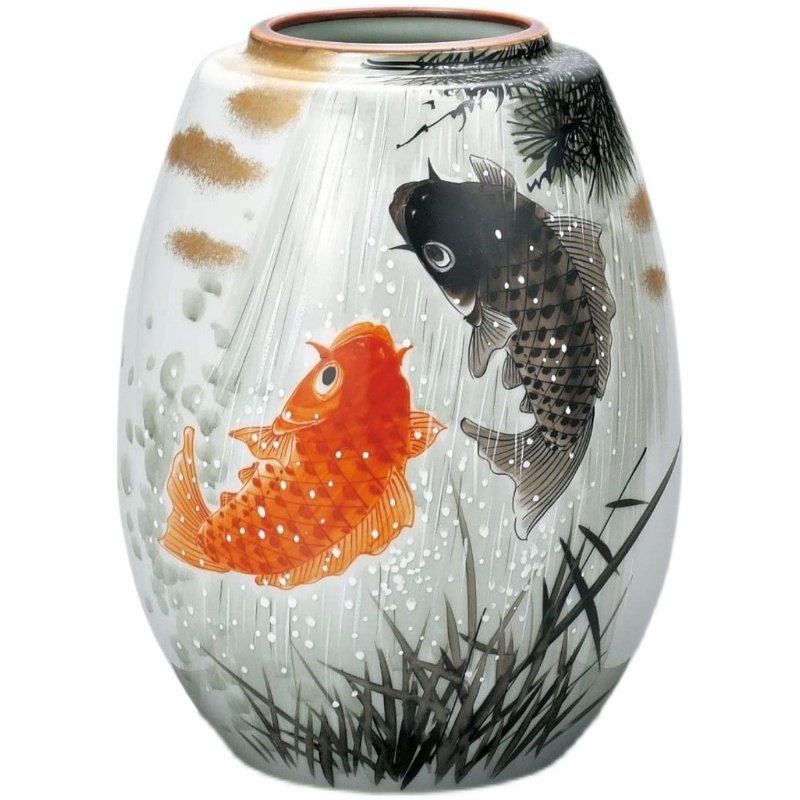 九谷焼 花器 花瓶 夫婦鯉 日本九谷烧陶瓷花瓶雌雄鲤鱼造型日式风格