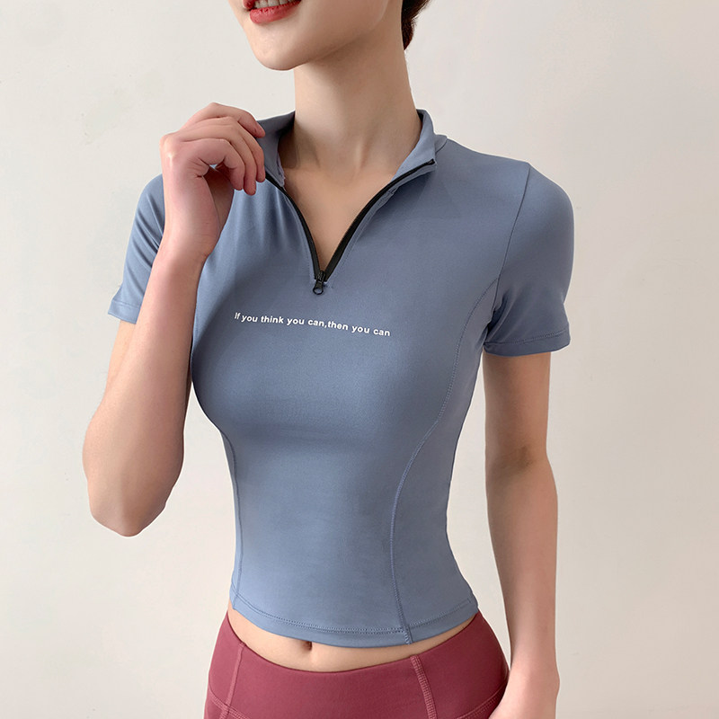 Sport short sleeve female elastic tight fit speed dry coat upright collar semi-laced yoga blouse for running fitness short version T-shirt