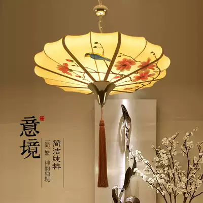 Simple new Chinese tea house hot pot shop fabric hand-painted lantern chandelier idyllic creative bedroom dining room lamps