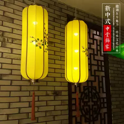 Chinese style simple long tube chandelier lantern fabric hand-painted art lamps living room dining room Tea House hotel project