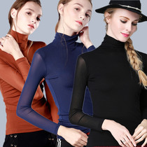 High neck mesh Latin dance practice suit Adult female plus size stretch slim fit Velvet modern dance top long sleeve