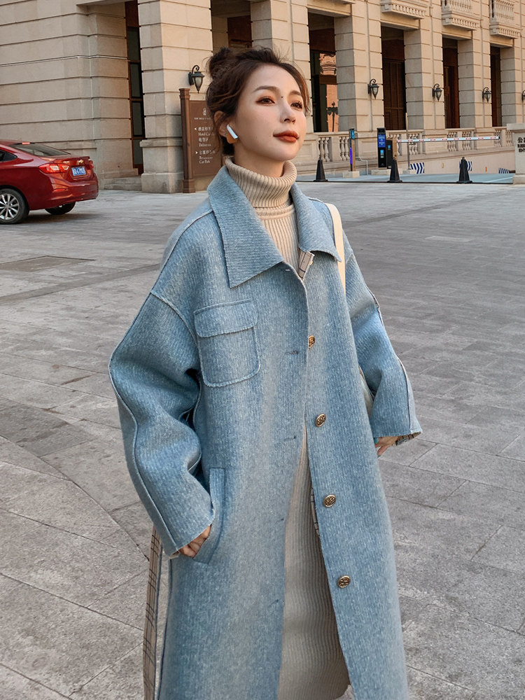 Sandro Mocoloni blue Mao jacket woman 2021 new autumn and winter over the long version in the knee