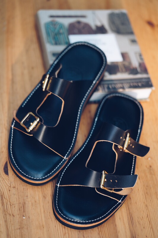 Rock House Handmade American Horween Leather Sandals Casual Breathable Leather Slippers Black Men's Shoes