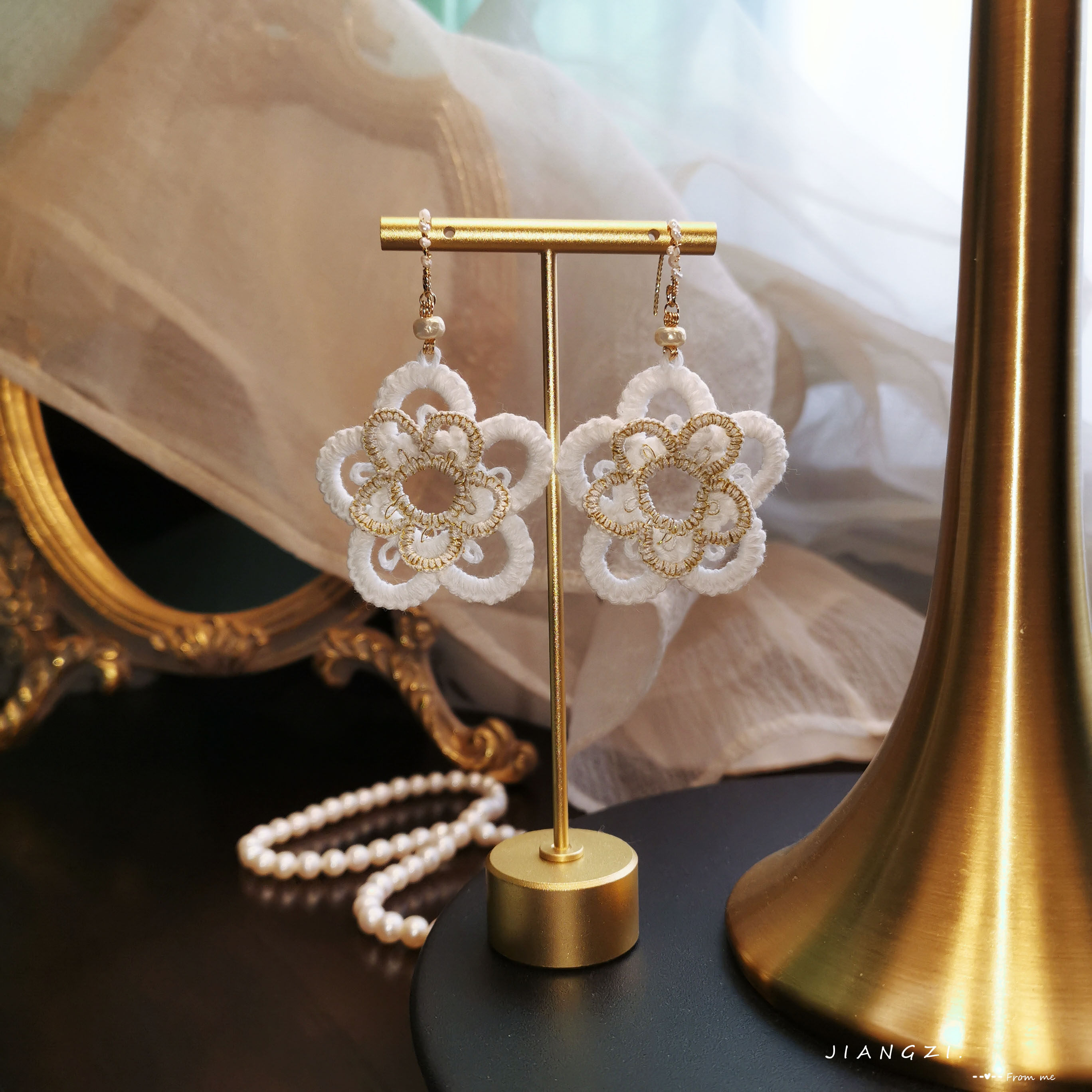 JZ STU * Exclusive design* Handmade gold silk lace braided double craft Sweet flower ear hook earrings Earrings
