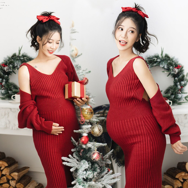 New maternity photos net red new year Christmas theme art pregnant women photos winter knit sweater pregnant mother photo clothing