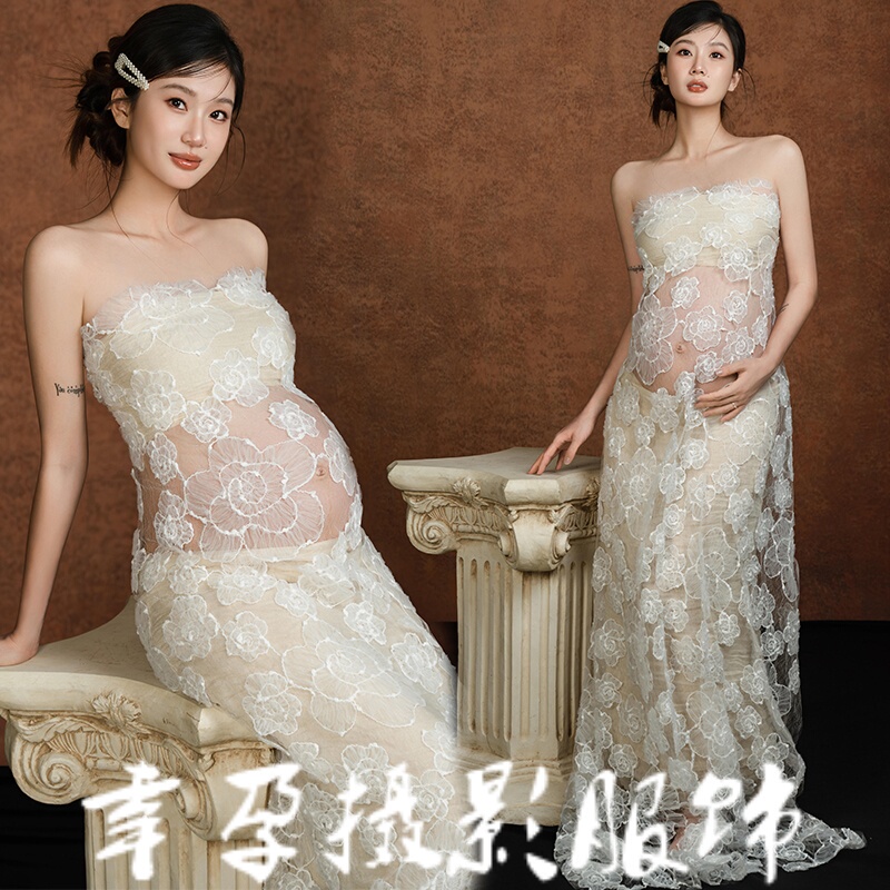 Photo Studio's New Maternity Photo Shoot Theme Clothing, White Lace Flower Dress, High-End Photography Clothing Dress